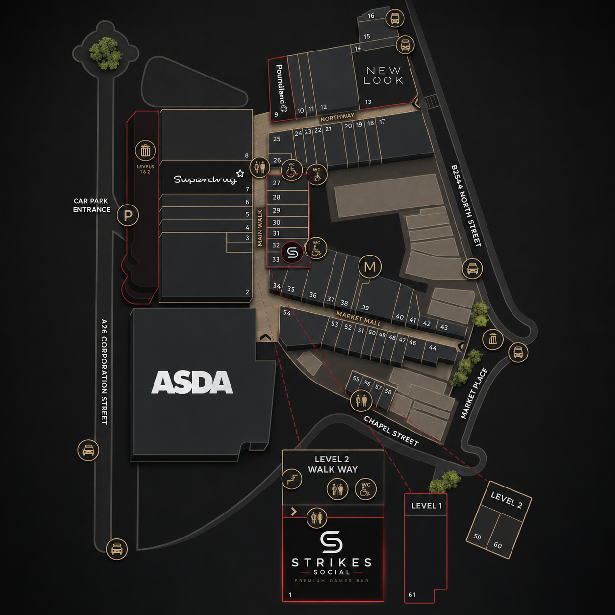 Map showing how to find Strikes Social at Rugby Central Shopping Centre